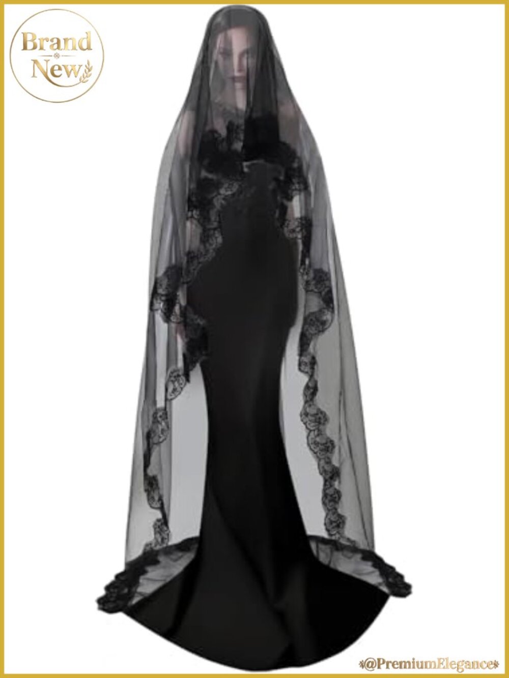Gothic Sheer Lace Cathedral Veil 10ft Long Black Tulle Bridal Mantilla for